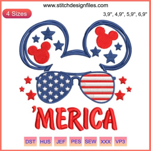 Mouse Mickey American logo embroidery design file featuring stars, stripes, and iconic Mickey silhouette. Custom machine embroidery.