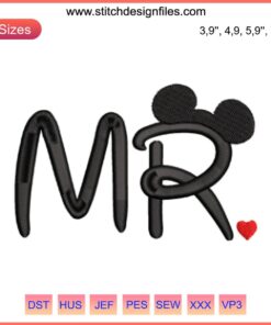 "Mr. Disney Logo Embroidery Design | Custom Machine File | Cartoon character typography with Mickey Mouse ears embroidery pattern"