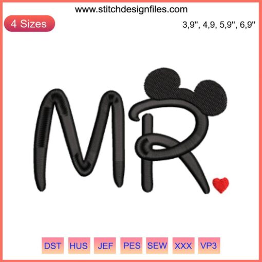 "Mr. Disney Logo Embroidery Design | Custom Machine File | Cartoon character typography with Mickey Mouse ears embroidery pattern"