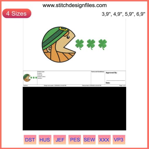 Pac-Man St Patrick's Day Logo Embroidery Design File featuring festive elements, compatible with Embroidery Machine.