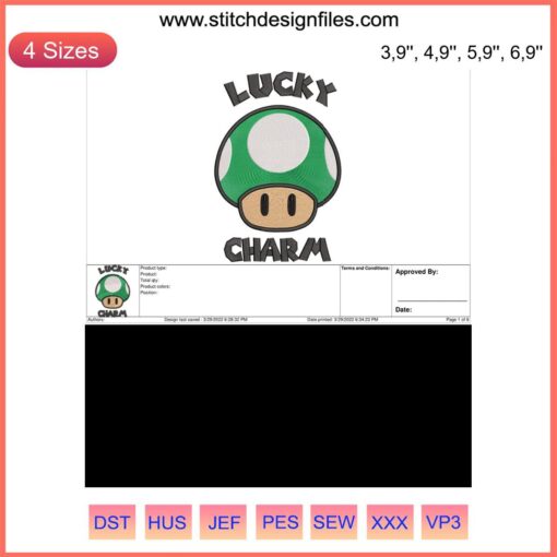 Super Mario Lucky Charm Logo Embroidery Design File for Embroidery Machine, featuring iconic Super Mario theme and charm elements.