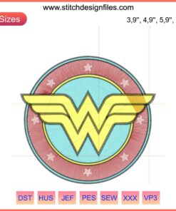 Wonder Woman logo embroidery design file for machine use, depicting iconic emblem in vibrant stitch patterns.
