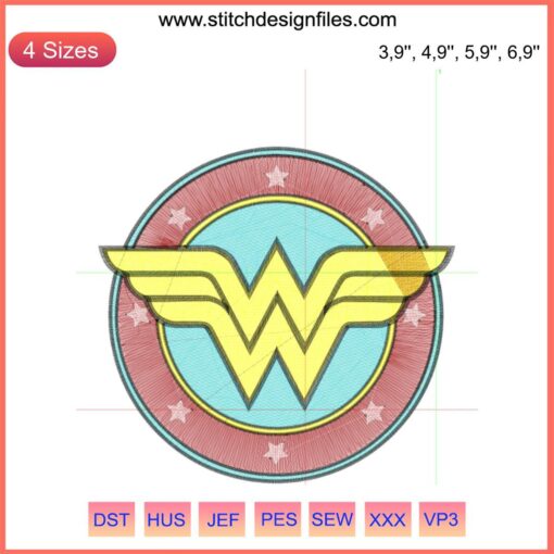 Wonder Woman logo embroidery design file for machine use, depicting iconic emblem in vibrant stitch patterns.