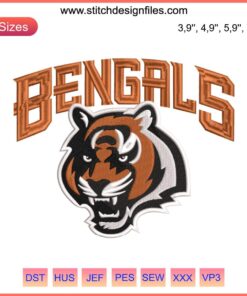 Cincinnati Bengals Logo Embroidery Design File - NFL American Football, Black & Orange Tiger Stripes, High-Quality Digital Download