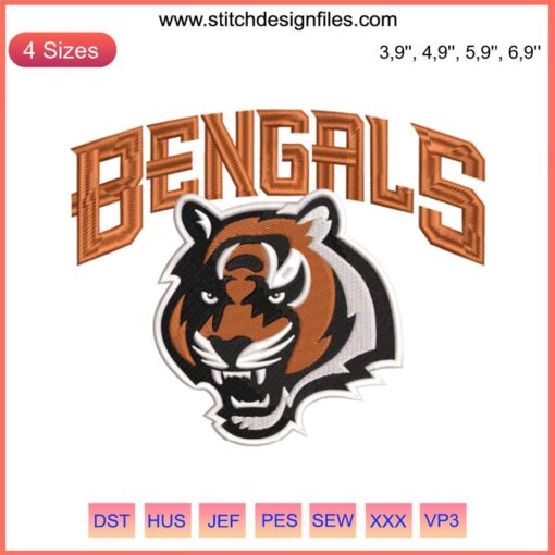 Cincinnati Bengals Logo Embroidery Design File - NFL American Football, Black & Orange Tiger Stripes, High-Quality Digital Download