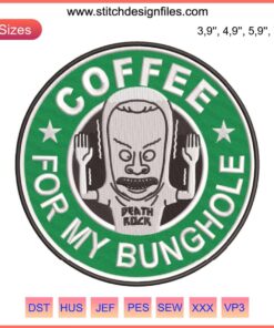 Beavis and Butt-Head "Coffee for My Bunghole" embroidered logo design featuring humorous text and character illustration.