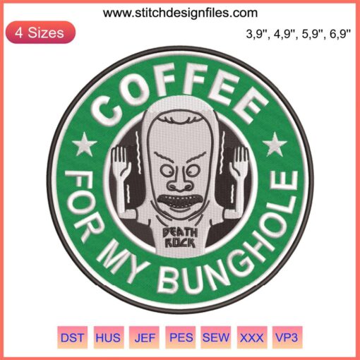 Beavis and Butt-Head "Coffee for My Bunghole" embroidered logo design featuring humorous text and character illustration.