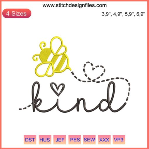 Bee Kind Logo Embroidery Design File for Embroidery Machine featuring a cute bee illustration with the words "Bee Kind" elegantly embroidered.