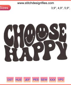 Choose Happy logo embroidery design file for embroidery machines, featuring vibrant colors and cheerful text.