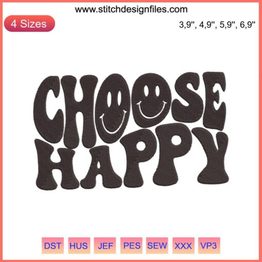 Choose Happy logo embroidery design file for embroidery machines, featuring vibrant colors and cheerful text.