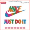 Colorful Nike Just Do It logo embroidery design file for machine; vibrant, detailed stitching for garments.