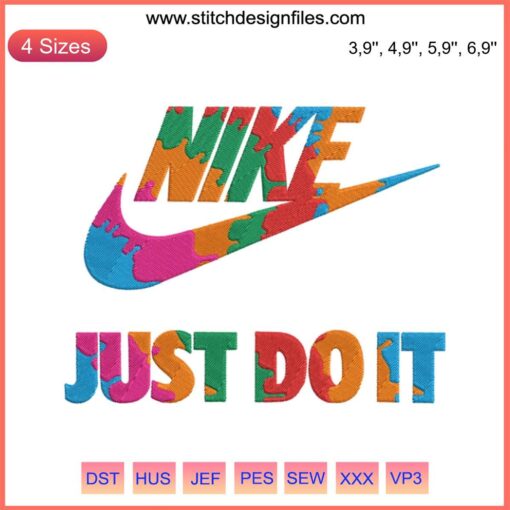 Colorful Nike Just Do It logo embroidery design file for machine; vibrant, detailed stitching for garments.
