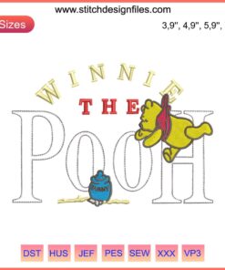 Winnie The Poll Logo Embroidery Design for Machine File: Cartoon Bear Face, Red Shirt, Yellow Background, Seamless Stitch Pattern.