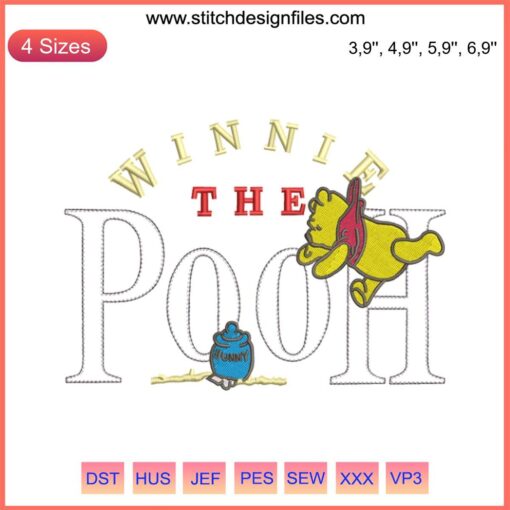 Winnie The Poll Logo Embroidery Design for Machine File: Cartoon Bear Face, Red Shirt, Yellow Background, Seamless Stitch Pattern.