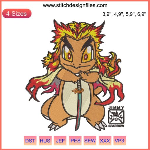 Rengoku Kyoujurou Anime Embroidery Design File | Kimetsu No Yaiba Machine Embroidery | Detailed Flame Hashira Pattern