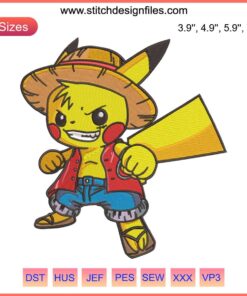 Pikachu dressed as Luffy Anime One Piece Logo Embroidery Design File, vibrant cosplay character design for embroidery.