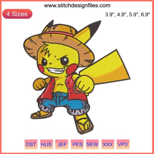 Pikachu dressed as Luffy Anime One Piece Logo Embroidery Design File, vibrant cosplay character design for embroidery.