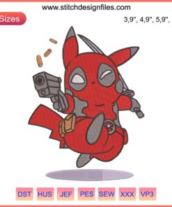Deadpool Pikachu Logo Embroidery Design File: Cosplay Pikachu in Deadpool Costume, Unique Embroidery Pattern, Digital Design.