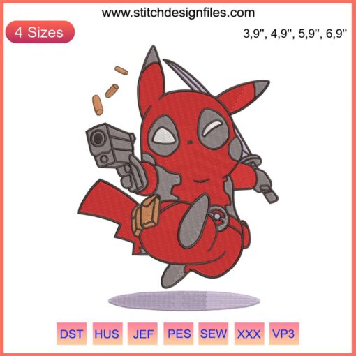 Deadpool Pikachu Logo Embroidery Design File: Cosplay Pikachu in Deadpool Costume, Unique Embroidery Pattern, Digital Design.