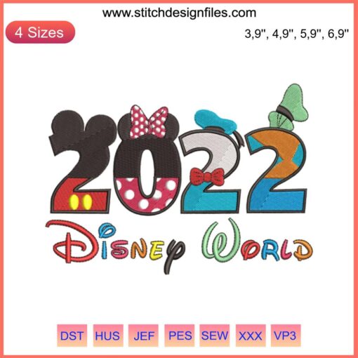 Colorful Disney World 2022 Embroidery Logo, Machine File Design, Vibrant Mickey Mouse-themed Emblem, Perfect for Crafting