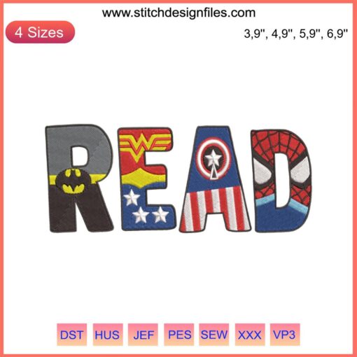 Avengers Read Like a Hero Embroidery File: Bold superheroes logo design perfect for crafting superhero-themed projects.