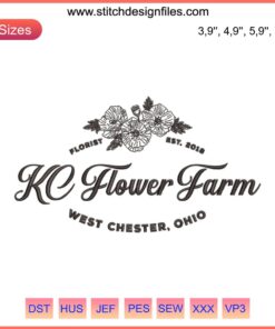 KC Flower Farm Embroidery Design File: Elegant floral logo for embroidery machines, digital download, DIY sewing projects.