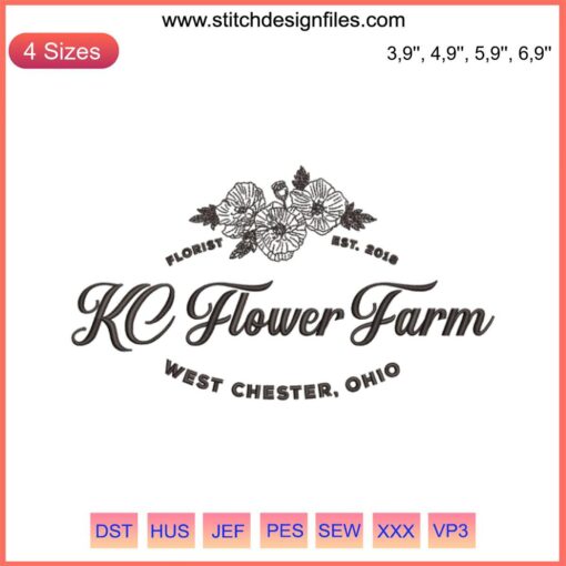 KC Flower Farm Embroidery Design File: Elegant floral logo for embroidery machines, digital download, DIY sewing projects.