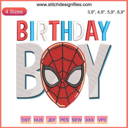 Spiderman head logo embroidery design, Birthday Boy theme, perfect for Spiderman-themed birthday, embroidery file download.