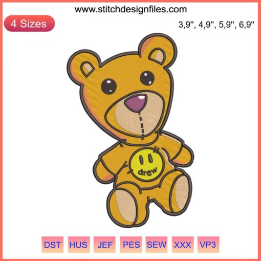 Drew House Teddy Bear Logo Embroidery Design File featuring Justin Bieber's signature smiley face icon.