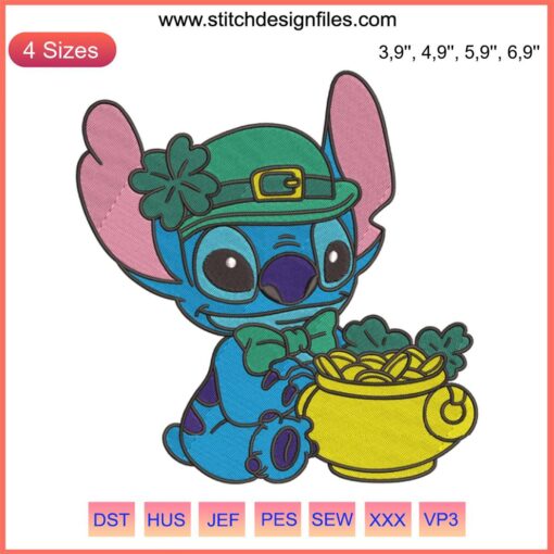 Stitch St. Patrick’s Day Logo Embroidery Design File featuring Lilo & Stitch for Machine Embroidery - Festive St. Patty's Theme.
