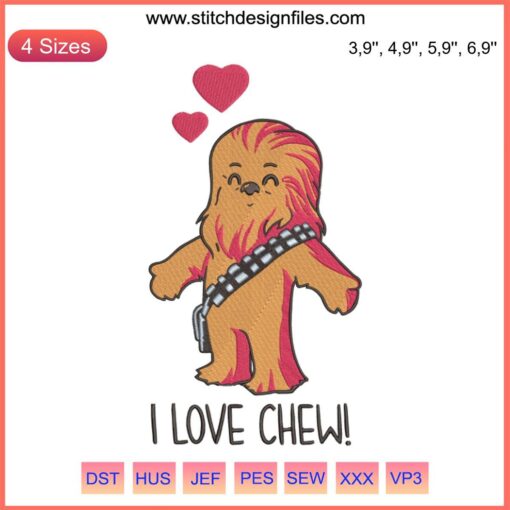 "I Love Chew Logo for Chewbacca Embroidery Machine | Star Wars Themed Design File for DIY Embroidery Projects"