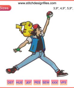 Satoshi Pikachu Logo, Pokemon Embroidery Design File for Machine; vibrant Pikachu design with iconic hat, perfect for embroidery projects.