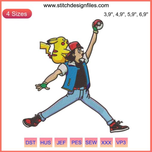 Satoshi Pikachu Logo, Pokemon Embroidery Design File for Machine; vibrant Pikachu design with iconic hat, perfect for embroidery projects.