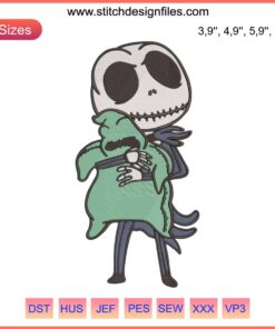 Jack Skellington hugging Oogie Boogie logo embroidery design file, machine compatible, vibrant Halloween theme, digital download.