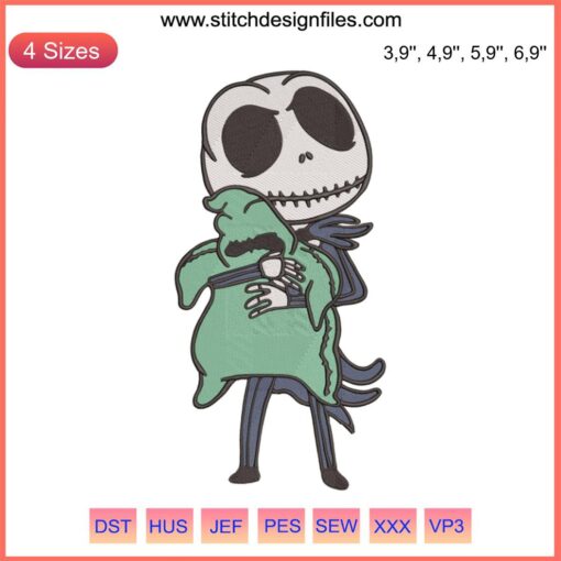 Jack Skellington hugging Oogie Boogie logo embroidery design file, machine compatible, vibrant Halloween theme, digital download.