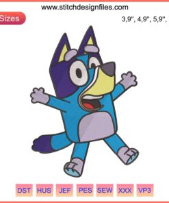 Embroidery design of Dad Bandit Heeler from Bluey in vibrant colors. Machine embroidery file for digital use.