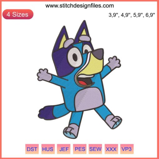 Embroidery design of Dad Bandit Heeler from Bluey in vibrant colors. Machine embroidery file for digital use.