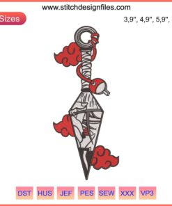 Kunai Itachi Uchiha Logo Embroidery File: Custom Machine Design showcasing a stylized kunai with iconic Uchiha clan emblem.