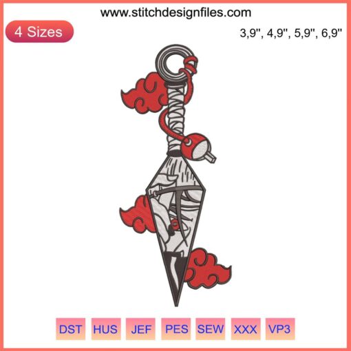 Kunai Itachi Uchiha Logo Embroidery File: Custom Machine Design showcasing a stylized kunai with iconic Uchiha clan emblem.