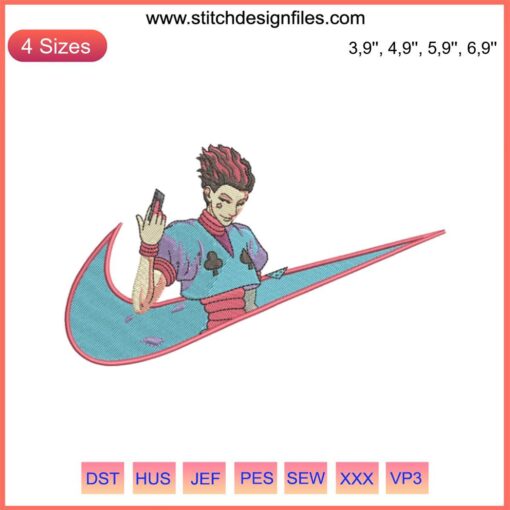Hisoka Anime Logo Embroidery, Nike Inspired Design File, red swoosh, digital download, anime fan art, embroidery pattern.