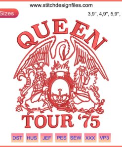Queen Tour '75 Logo Embroidery Design File: Vintage Queen Emblem, Custom Machine Embroidery, Rock Band Logo Stitch Pattern