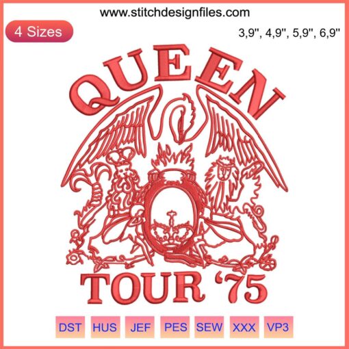Queen Tour '75 Logo Embroidery Design File: Vintage Queen Emblem, Custom Machine Embroidery, Rock Band Logo Stitch Pattern