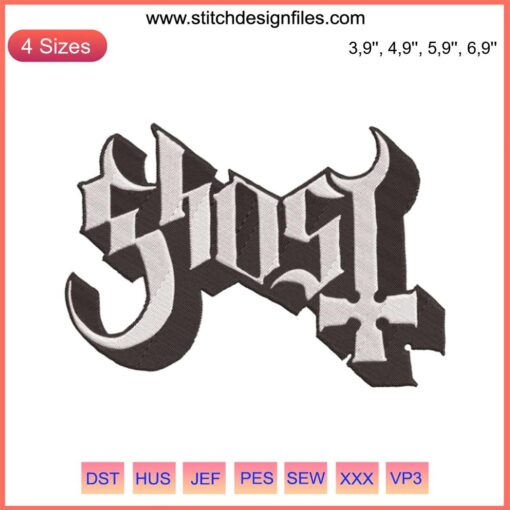 Ghost Band B.C Logo Embroidery Design File for Embroidery Machines, featuring the iconic Ghost logo in detailed stitching pattern.