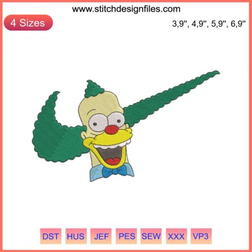 Krusty The Clown Logo Embroidery Design File | Nike-inspired Embroidery Machine Pattern | Cartoon Clown Stich Crest