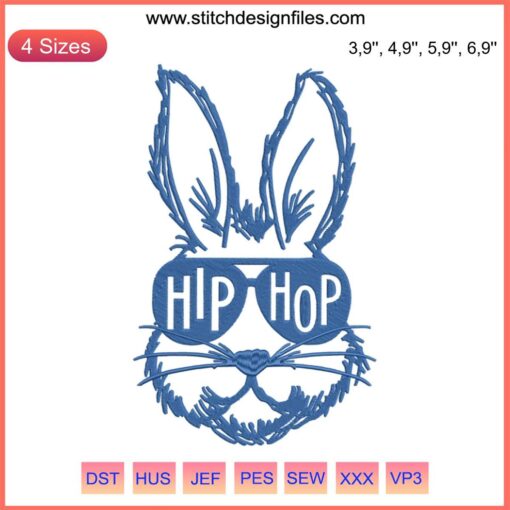 Hip Hop Bunny Logo Embroidery Design: Cool Rabbit with Glasses, Streetwear-Style Embroidery File for Apparel Customization