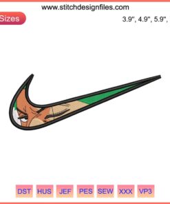 Roronoa Zoro Logo Embroidery Design File: Nike-Inspired Samurai Character, Distinct Green and Black Thread Detailing