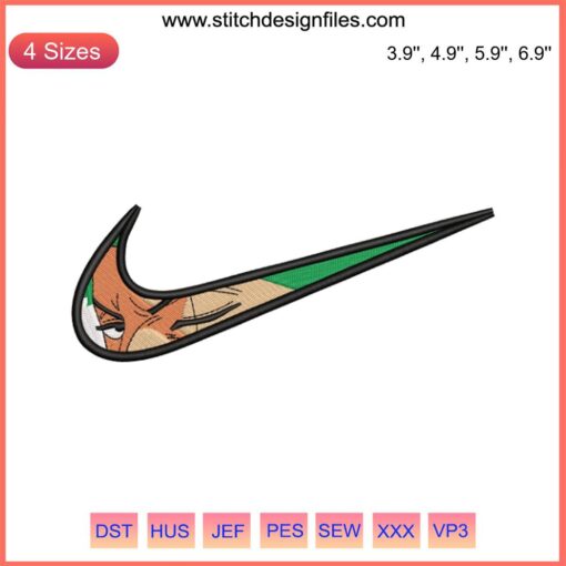Roronoa Zoro Logo Embroidery Design File: Nike-Inspired Samurai Character, Distinct Green and Black Thread Detailing
