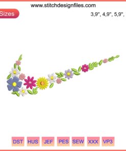 Nike logo embroidery design with floral elements, flowers and leaves pattern, Nike inspired machine file, digital download.