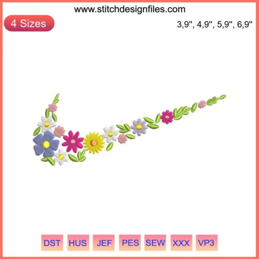 Nike logo embroidery design with floral elements, flowers and leaves pattern, Nike inspired machine file, digital download.