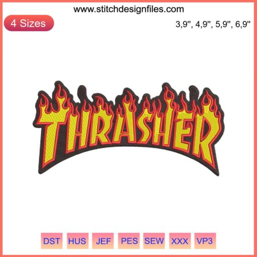 THRASHER Magazine Flame Logo Embroidery Machine File | Bold Flame Text Design for Apparel Embroidery Projects